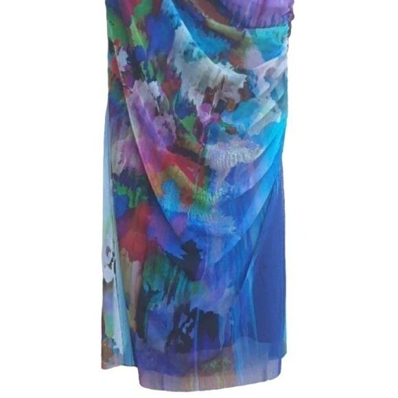 Vtg 90's Dress Bodycon Artsy Sleeveless Cutout Ruched Watercolor Blue Sz L - Picture 7 of 8